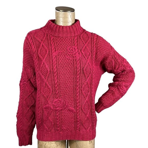 VTG Lydia Jane Ltd Hand-Knit Cotton Blend Mock Neck Chunky Sweater Sz L Red 246E - Picture 2 of 9